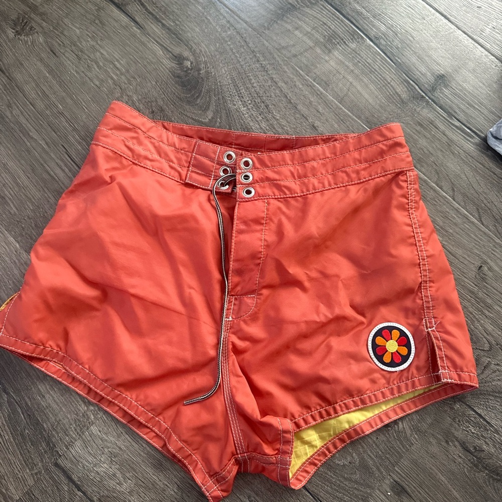Birdwell Women's Orange Athletic Shorts with Floral Patch
